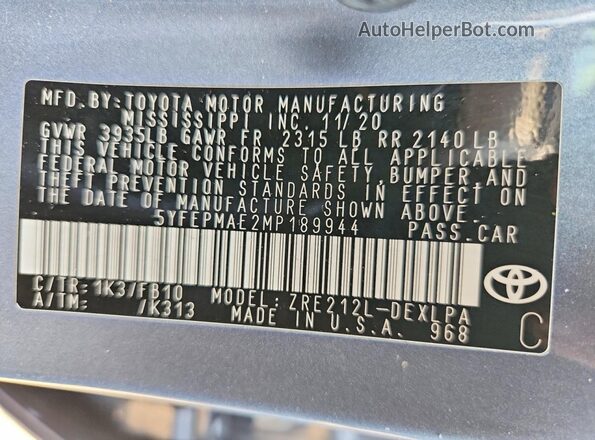 5YFEPMAE2MP189944 2021 TOYOTA COROLLA Blue Widok naklejki z numerem VIN