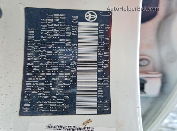 5YFEPMAE5MP252079 2021 TOYOTA COROLLA White Панорамний вид салону 360°
