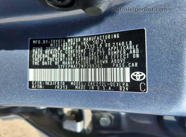 5YFEPMAE7NP289362 2022 TOYOTA COROLLA Blue Widok naklejki z numerem VIN