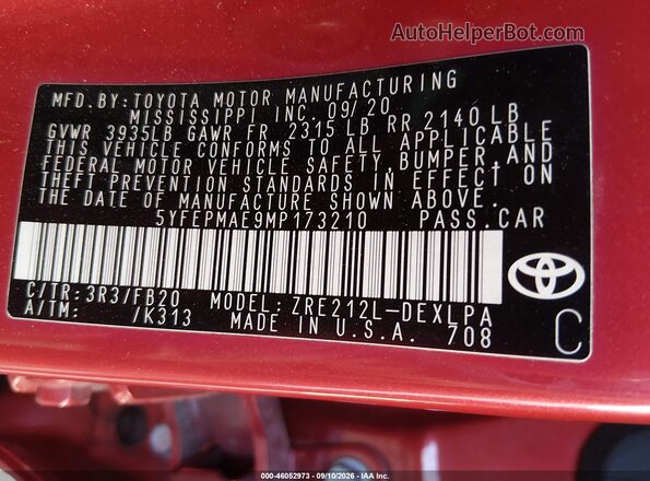 5YFEPMAE9MP173210 2021 TOYOTA COROLLA Red Rear right