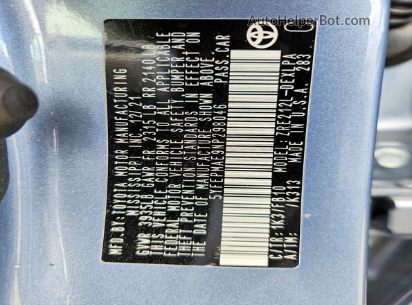 5YFEPMAE9NP298046 2022 TOYOTA COROLLA Blue Vista de la etiqueta del VIN