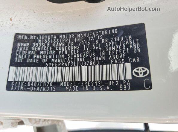 5YFEPRAE2LP097860 2020 TOYOTA COROLLA White Engine compartment view