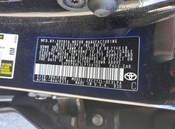 5YFEPRAE3LP140165 2020 TOYOTA COROLLA Black Vista del compartimento del motor