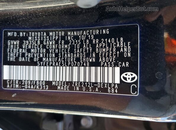 5YFEPRAE5LP070748 2020 TOYOTA COROLLA Black Շարժիչի բաժամունքի տեսք