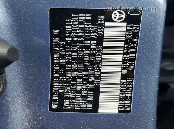5YFEPRAEXLP043058 2020 TOYOTA COROLLA Blue Vista de la etiqueta del VIN