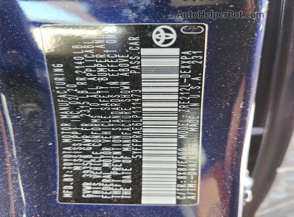 5YFFPRAE6LP111473 2020 TOYOTA COROLLA Blue Vista del compartimento del motor