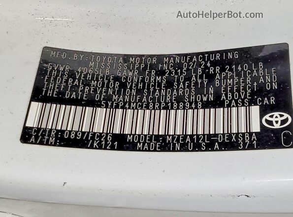 5YFP4MCE8RP188948 2024 TOYOTA COROLLA Белый Вид подкапотного пространства
