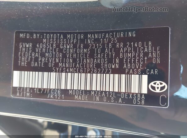 5YFS4MCE6TP262773 2026 TOYOTA COROLLA Gray Widok komory silnika