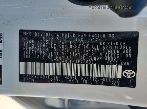 5YFS4MCE6TP280335 2026 TOYOTA COROLLA White Вид наклейки з VIN-кодом