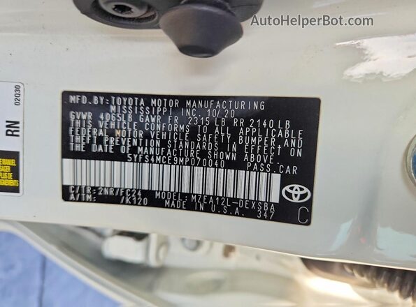 5YFS4MCE9MP070040 2021 TOYOTA COROLLA Белый Вид подкапотного пространства