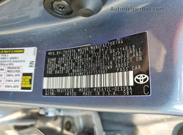 5YFS4MCEXPP151987 2023 TOYOTA COROLLA Silver Widok naklejki z numerem VIN