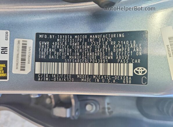 5YFS4RCE6LP043891 2020 TOYOTA COROLLA Синий Вид подкапотного пространства