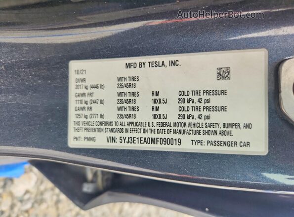 5YJ3E1EA0MF090019 2021 TESLA MODEL Charcoal Вид підкапотного простору
