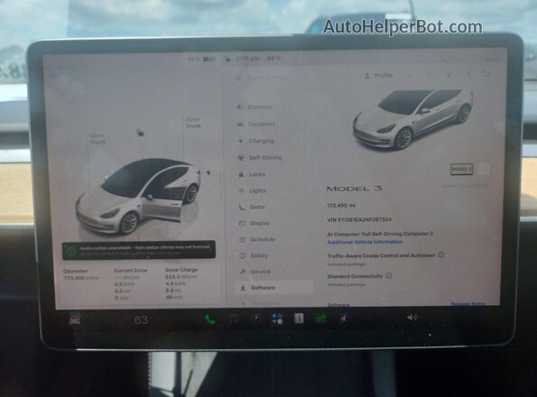 5YJ3E1EA2NF287324 2022 TESLA MODEL White Вид щитка приладів