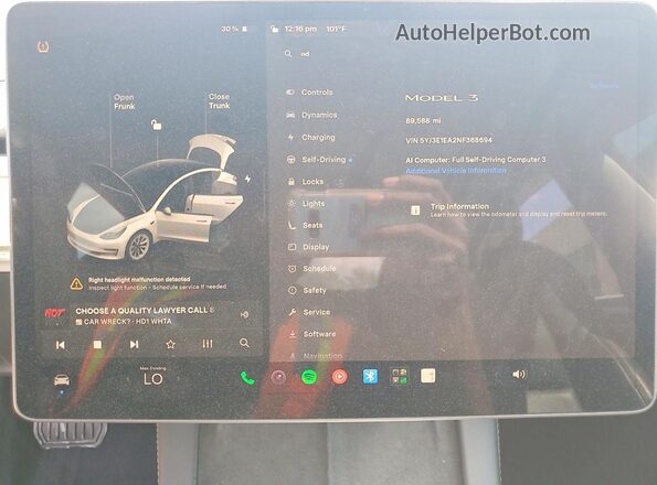 5YJ3E1EA2NF368694 2022 TESLA MODEL White Instrument cluster view