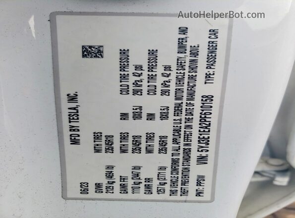 5YJ3E1EA2PF610158 2023 TESLA MODEL White Engine compartment view