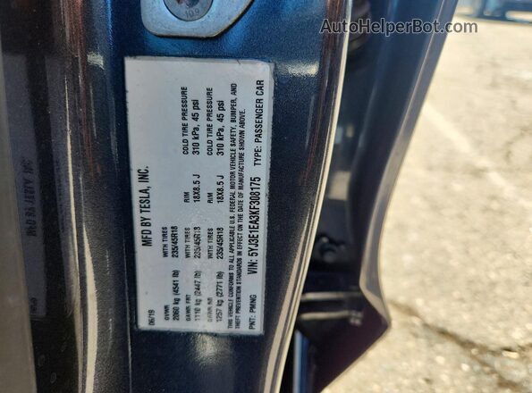 5YJ3E1EA3KF308175 2019 TESLA MODEL Gray Շարժիչի բաժամունքի տեսք