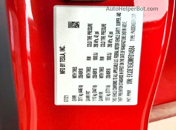 5YJ3E1EA3MF014584 2021 TESLA MODEL Red Շարժիչի բաժամունքի տեսք