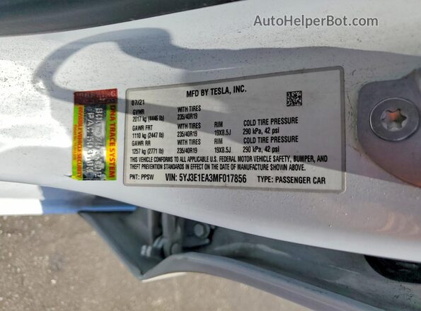 5YJ3E1EA3MF017856 2021 TESLA MODEL White Engine compartment view