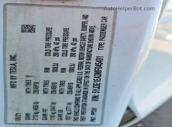 5YJ3E1EA3MF045401 2021 TESLA MODEL Белый Вид подкапотного пространства