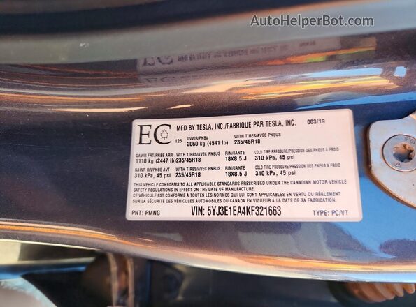5YJ3E1EA4KF321663 2019 TESLA MODEL Серый Вид наклейки с VIN-кодом