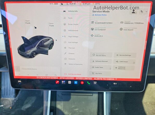 5YJ3E1EA4KF321663 2019 TESLA MODEL Серый Вид щитка приборов