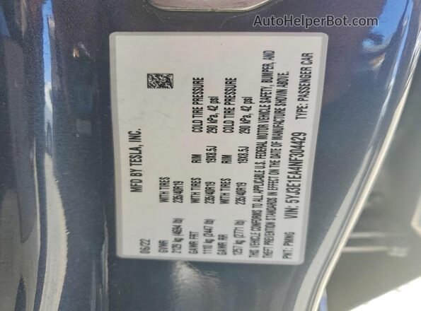 5YJ3E1EA4NF304429 2022 TESLA MODEL Gray Vista de la etiqueta del VIN