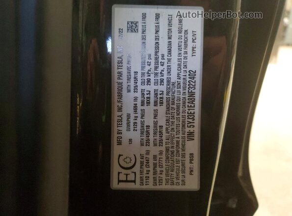 5YJ3E1EA8NF322402 2022 TESLA MODEL Black VIN կոդի պիտակի տեսք