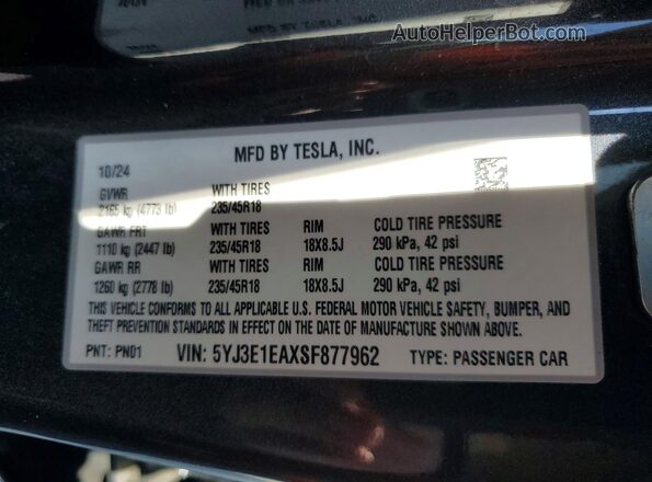 5YJ3E1EAXSF877962 2025 TESLA MODEL Charcoal Widok komory silnika