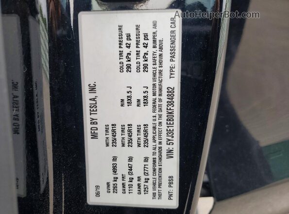 5YJ3E1EB0KF384882 2019 TESLA MODEL Черный Вид наклейки с VIN-кодом