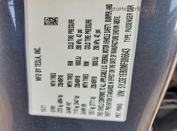 5YJ3E1EB0MF086643 2021 TESLA MODEL Charcoal Вид підкапотного простору