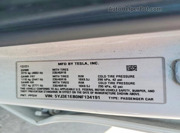 5YJ3E1EB0NF134191 2022 TESLA MODEL White VIN կոդի պիտակի տեսք
