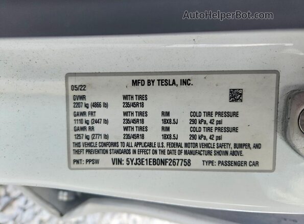 5YJ3E1EB0NF267758 2022 TESLA MODEL White VIN կոդի պիտակի տեսք