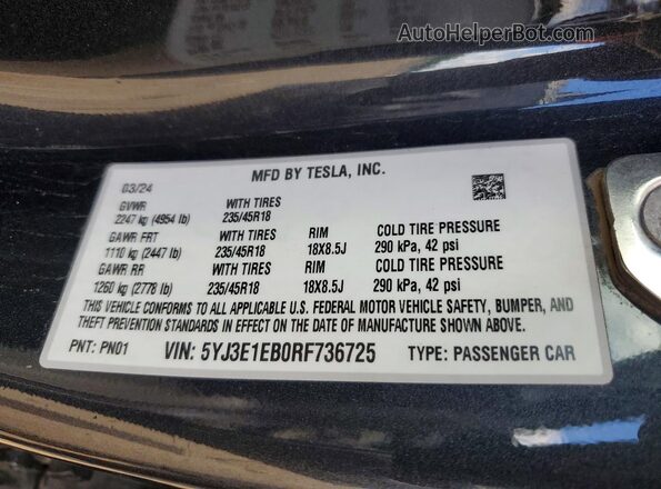 5YJ3E1EB0RF736725 2024 TESLA MODEL Gray VIN sticker view