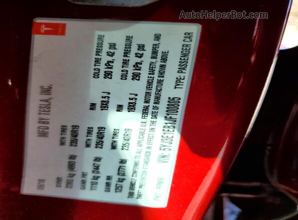 5YJ3E1EB1JF100805 2018 TESLA MODEL Red VIN კოდის სტიკერის ხედი