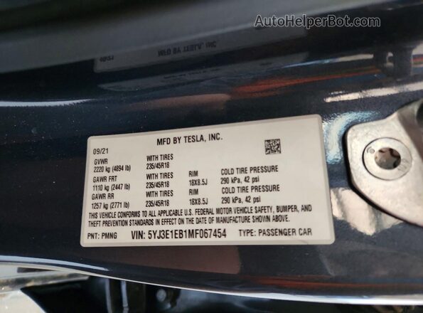 5YJ3E1EB1MF067454 2021 TESLA MODEL Gray ძრავის განყოფილების ხედი