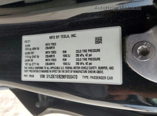 5YJ3E1EB2MF050470 2021 TESLA MODEL Black ძრავის განყოფილების ხედი