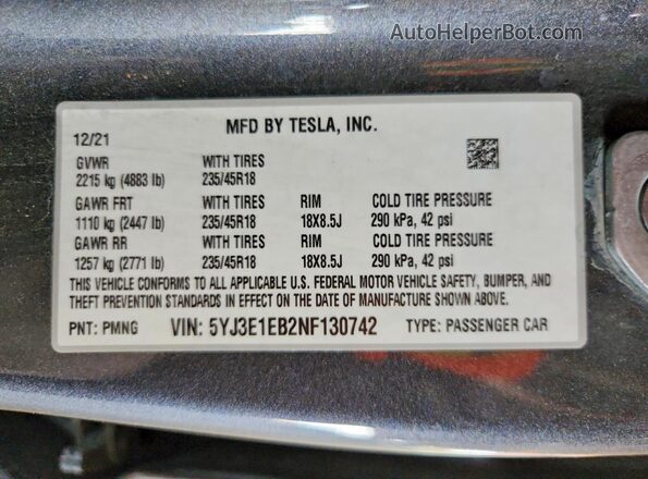 5YJ3E1EB2NF130742 2022 TESLA MODEL Серый Вид подкапотного пространства