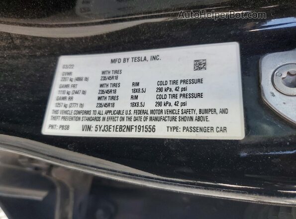 5YJ3E1EB2NF191556 2022 TESLA MODEL Black Vista del compartimento del motor