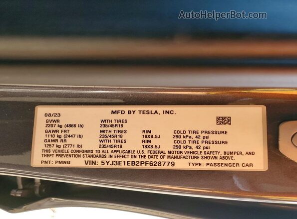 5YJ3E1EB2PF628779 2023 TESLA MODEL Gray Շարժիչի բաժամունքի տեսք