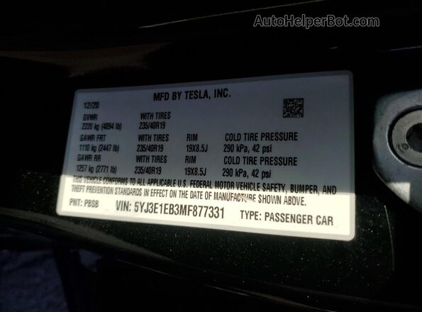 5YJ3E1EB3MF877331 2021 TESLA MODEL Black ძრავის განყოფილების ხედი