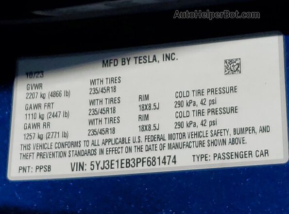 5YJ3E1EB3PF681474 2023 TESLA MODEL Blue VIN კოდის სტიკერის ხედი