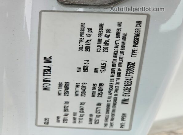 5YJ3E1EB4LF638532 2020 TESLA MODEL White Widok naklejki z numerem VIN