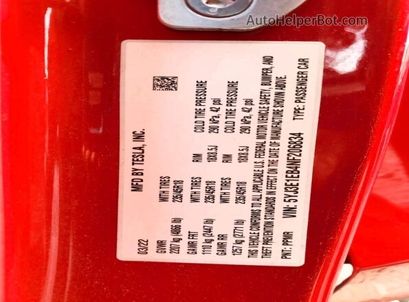 5YJ3E1EB4NF206834 2022 TESLA MODEL Red Vista de la etiqueta del VIN