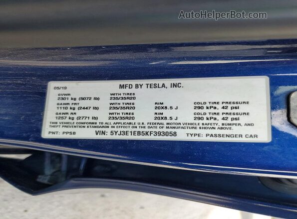 5YJ3E1EB5KF393058 2019 TESLA MODEL Blue Շարժիչի բաժամունքի տեսք