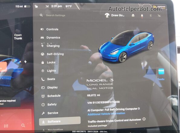 5YJ3E1EB5MF079459 2021 TESLA MODEL 3 Blue Widok tylnych siedzeń