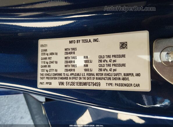 5YJ3E1EB5MF079459 2021 TESLA MODEL 3 Blue Widok komory silnika