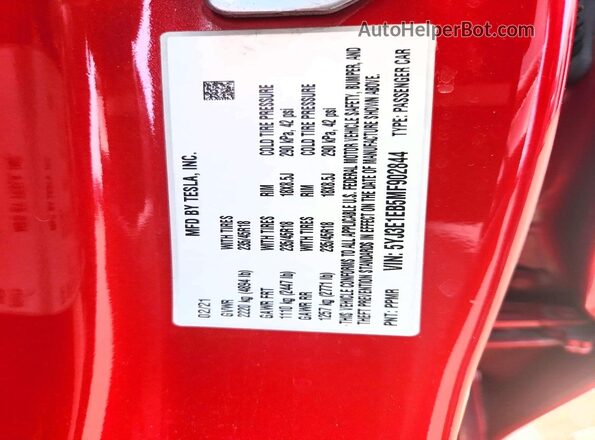 5YJ3E1EB5MF902844 2021 TESLA MODEL Red Вид наклейки з VIN-кодом