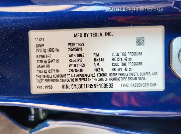 5YJ3E1EB5NF109593 2022 TESLA MODEL Blue VIN sticker view
