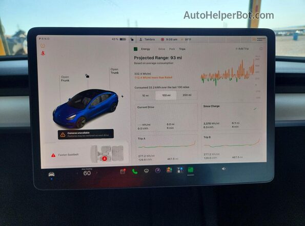 5YJ3E1EB5NF109593 2022 TESLA MODEL Blue Instrument cluster view